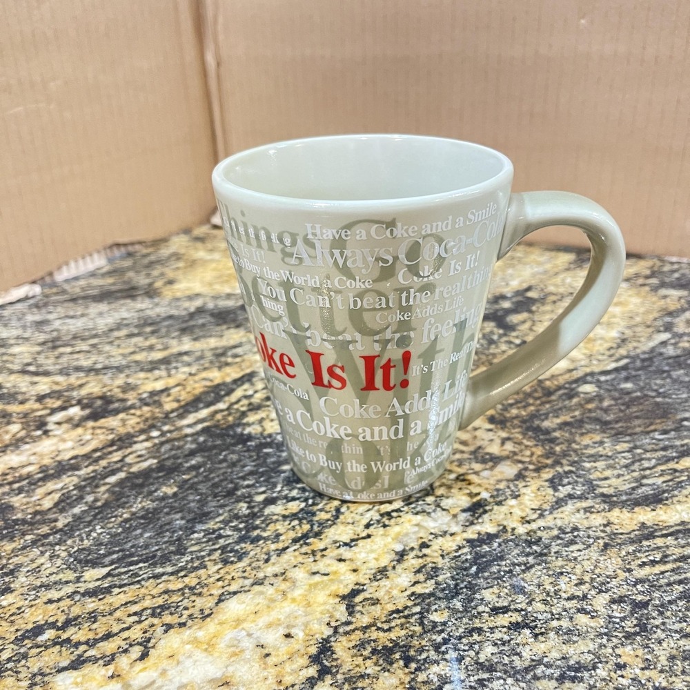 Coca-Cola Slogan Collage‎ Coffee Mug Anchor Hocking Coke Is It Green Ceramic